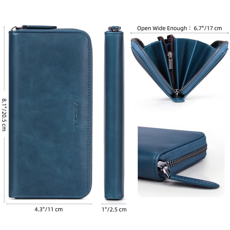 VISOUL Leather Long Zipper Pouch Wallet for Men and Women with RFID Blocking, Large Clutch Cash Long Wallet with Zipper (Navy Blue) - Image 4
